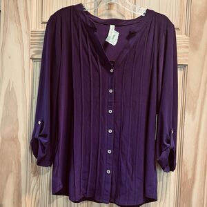PerSeption Concept Purple Pleated Front Button Down Blouse Top XL NWT Roll Tab